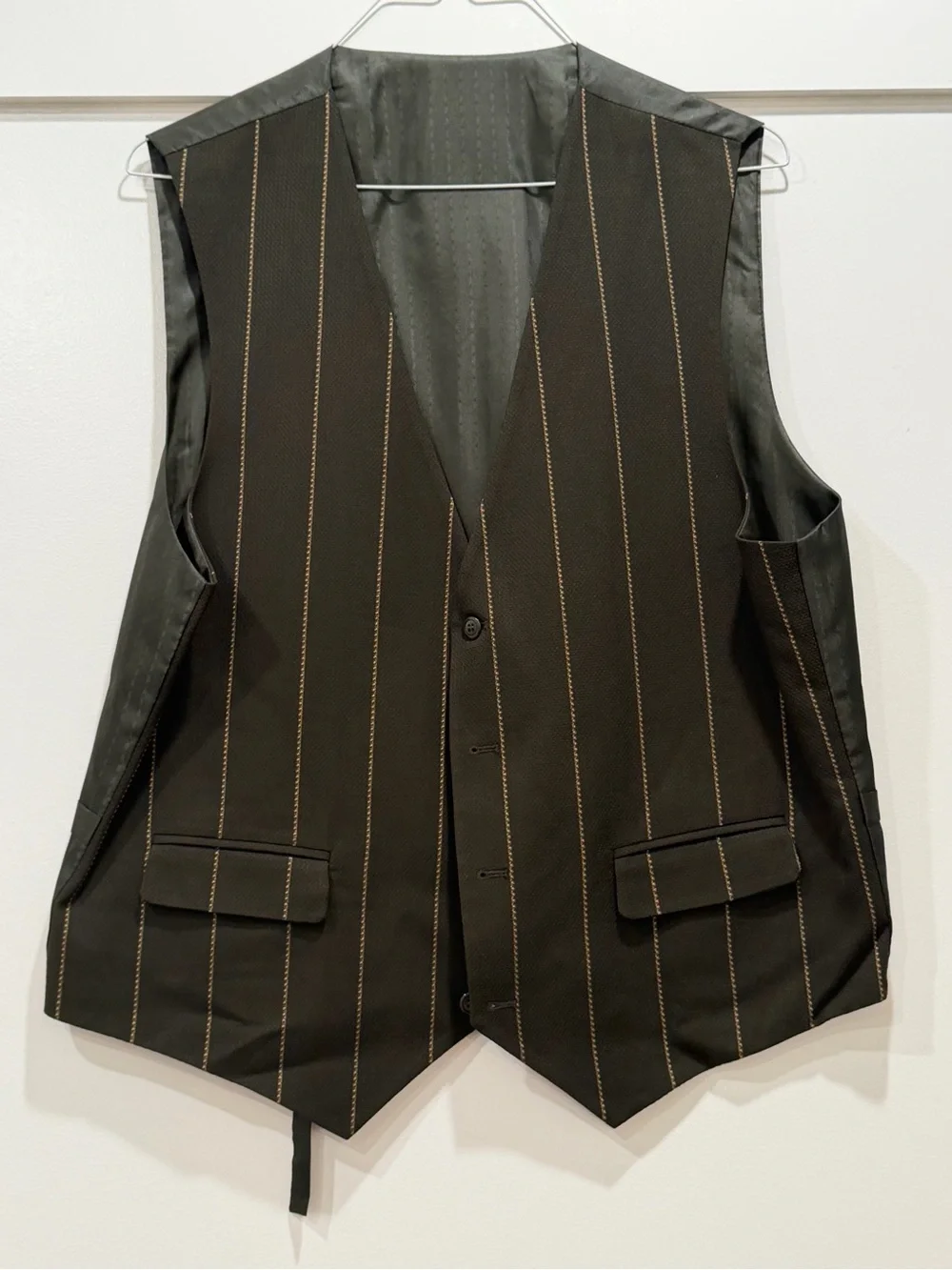 Stacy Adams 3 Pc Suit Dark Green Gold Pinstripe Blazer Vest Pants 44R 38R